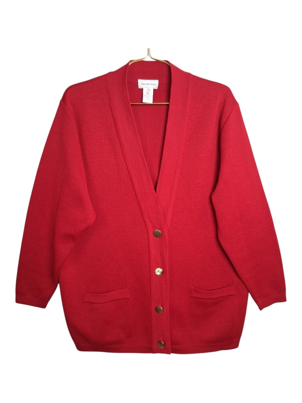 VTG Jacobson's Red Wool Cardigan Sweater Large Gold Buttons Pockets 90s Grandpa